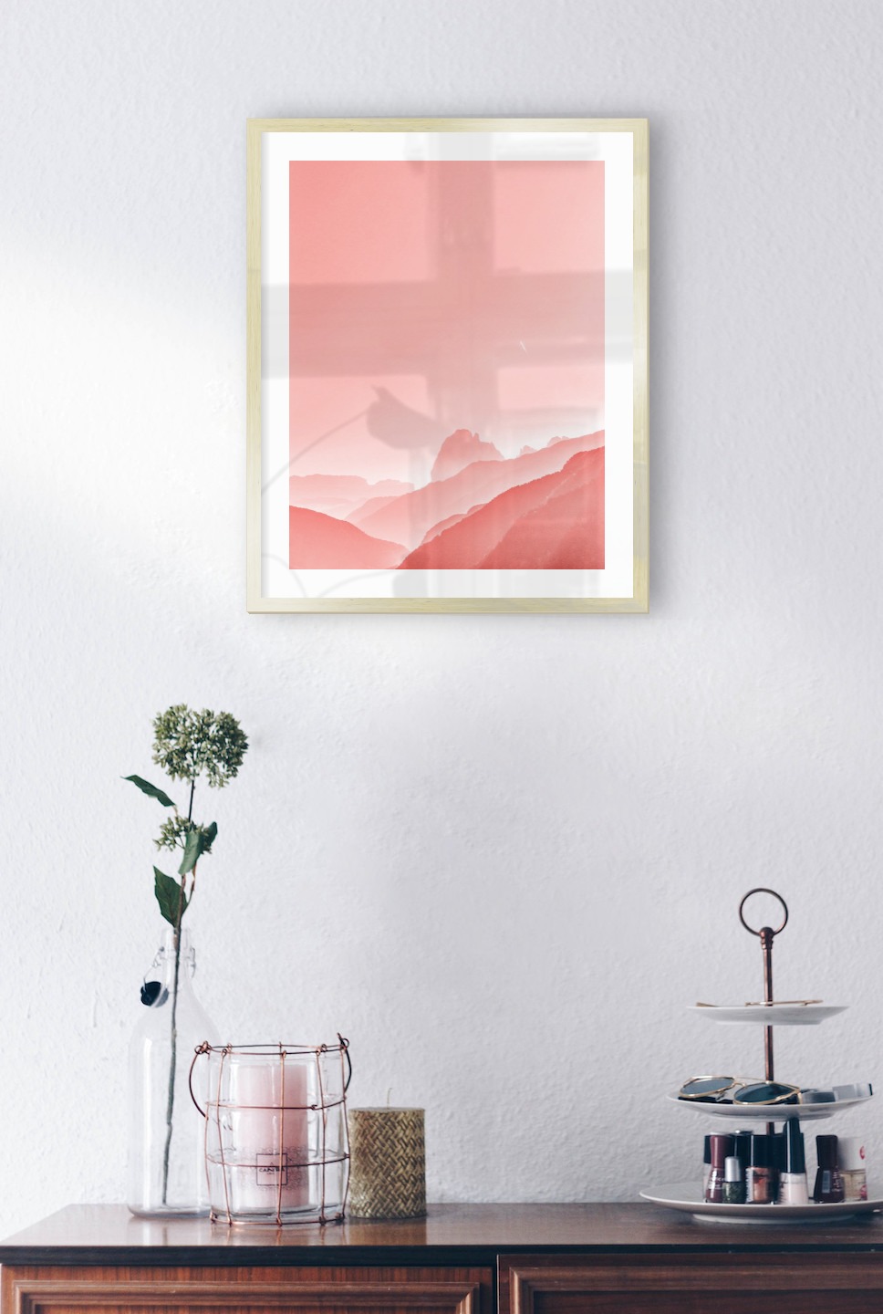 Gallery wall with picture frame in gold in size 40x50 with print "Pink sky"