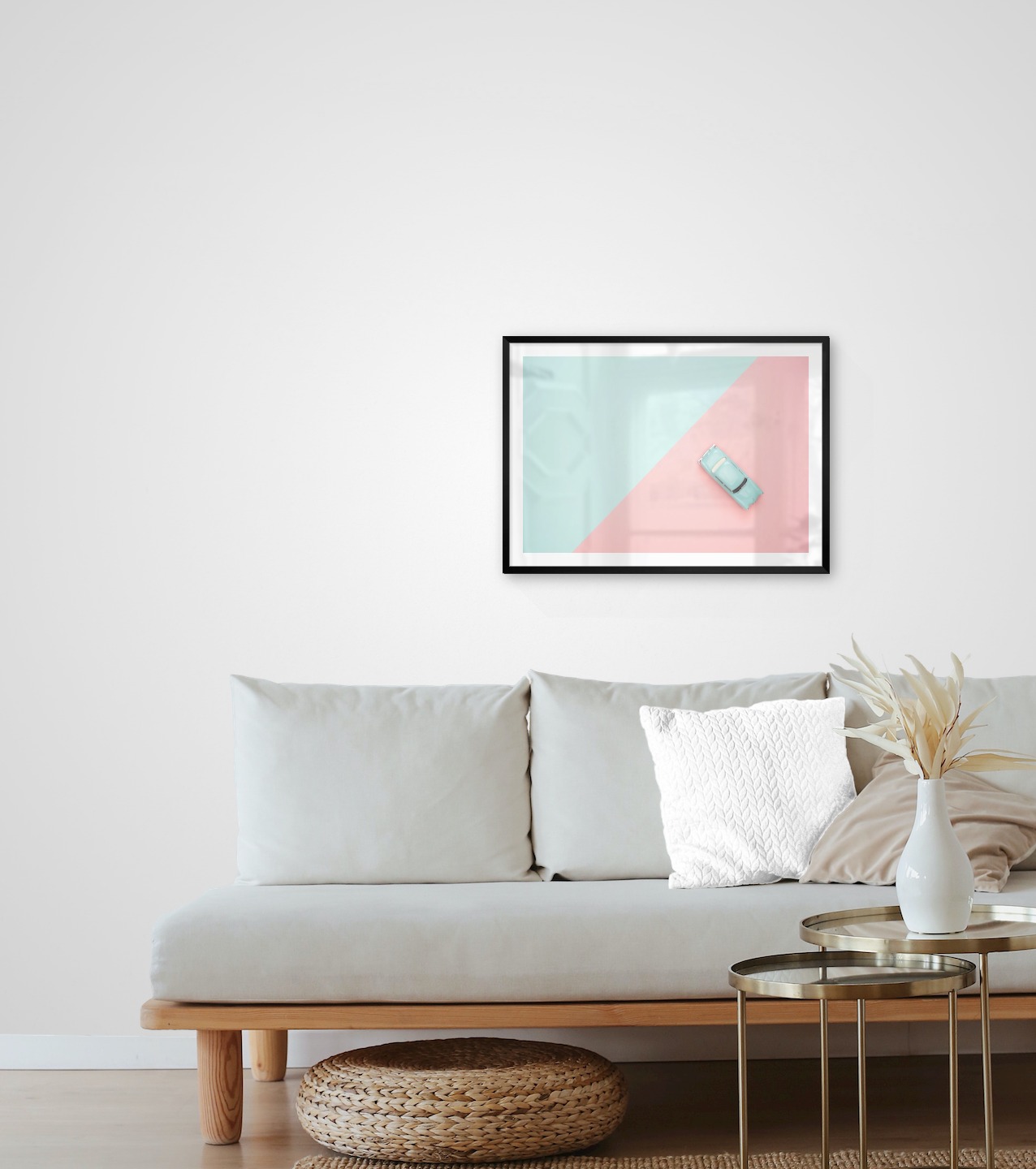 Gallery wall with picture frame in black in size 50x70 with print "Blue car and pink"
