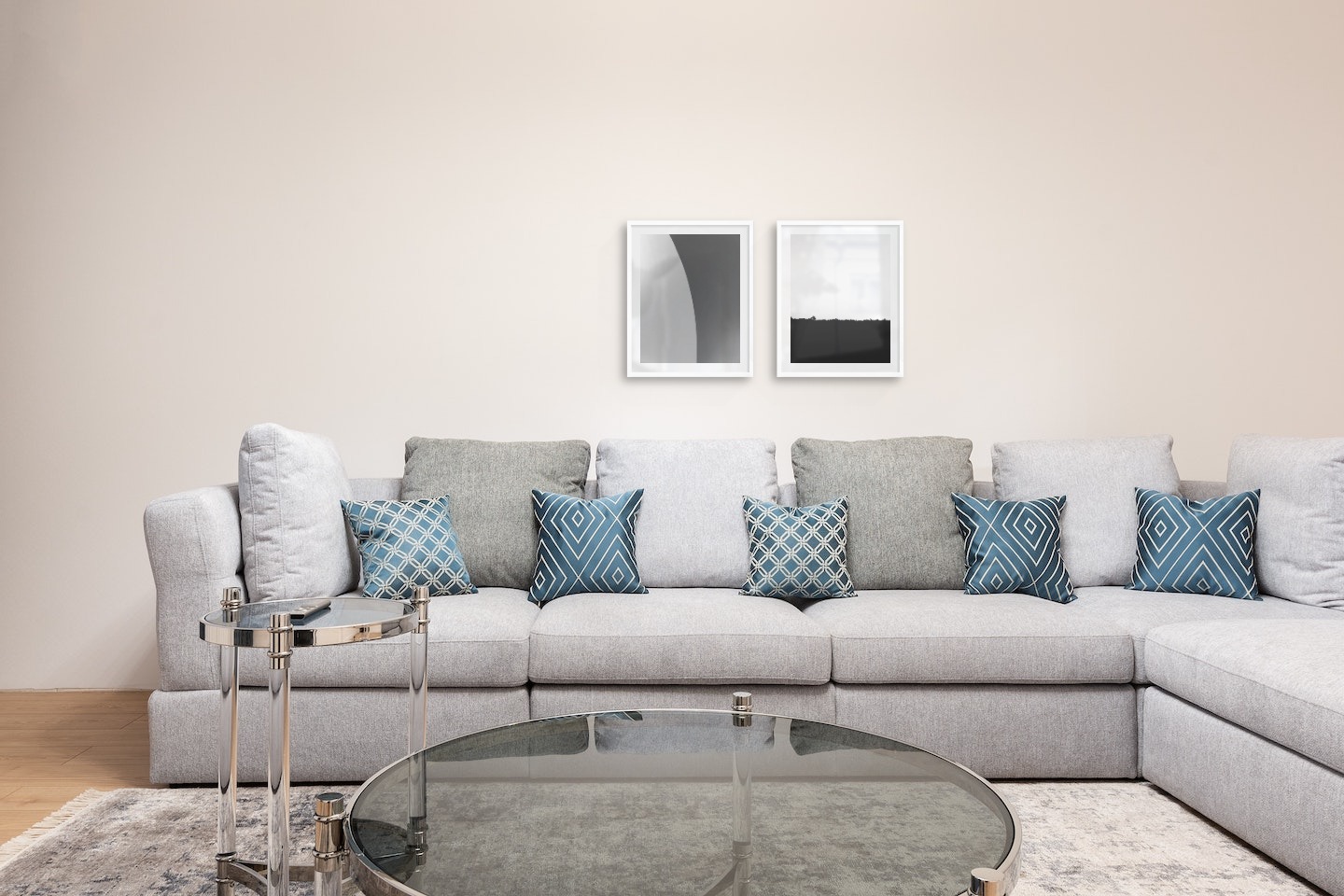 Gallery wall with picture frames in white in sizes 40x50 with prints "Line" and "Sky above trees"