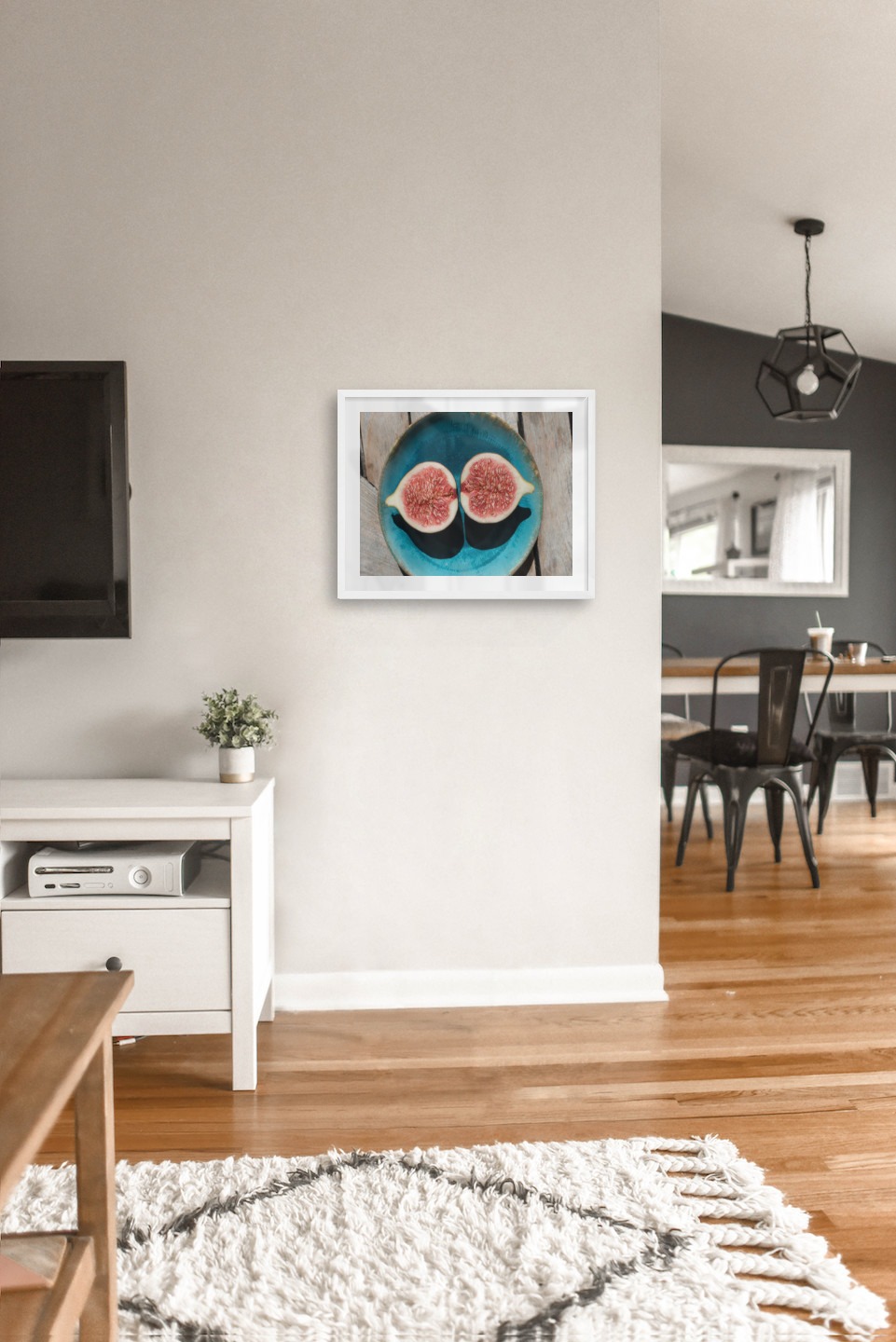 Gallery wall with picture frame in white in size 40x50 with print "Opened fruit"