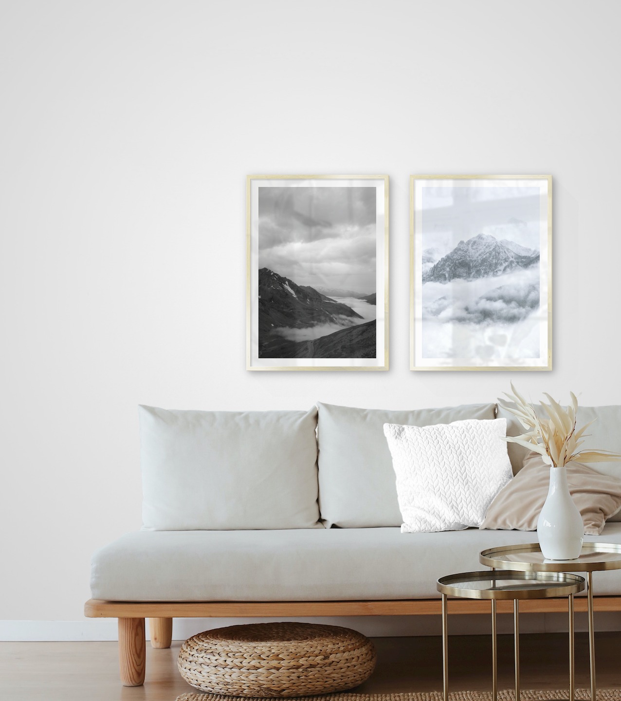 Gallery wall with picture frames in gold in sizes 50x70 with prints "Road among mountains" and "Snowy mountains"