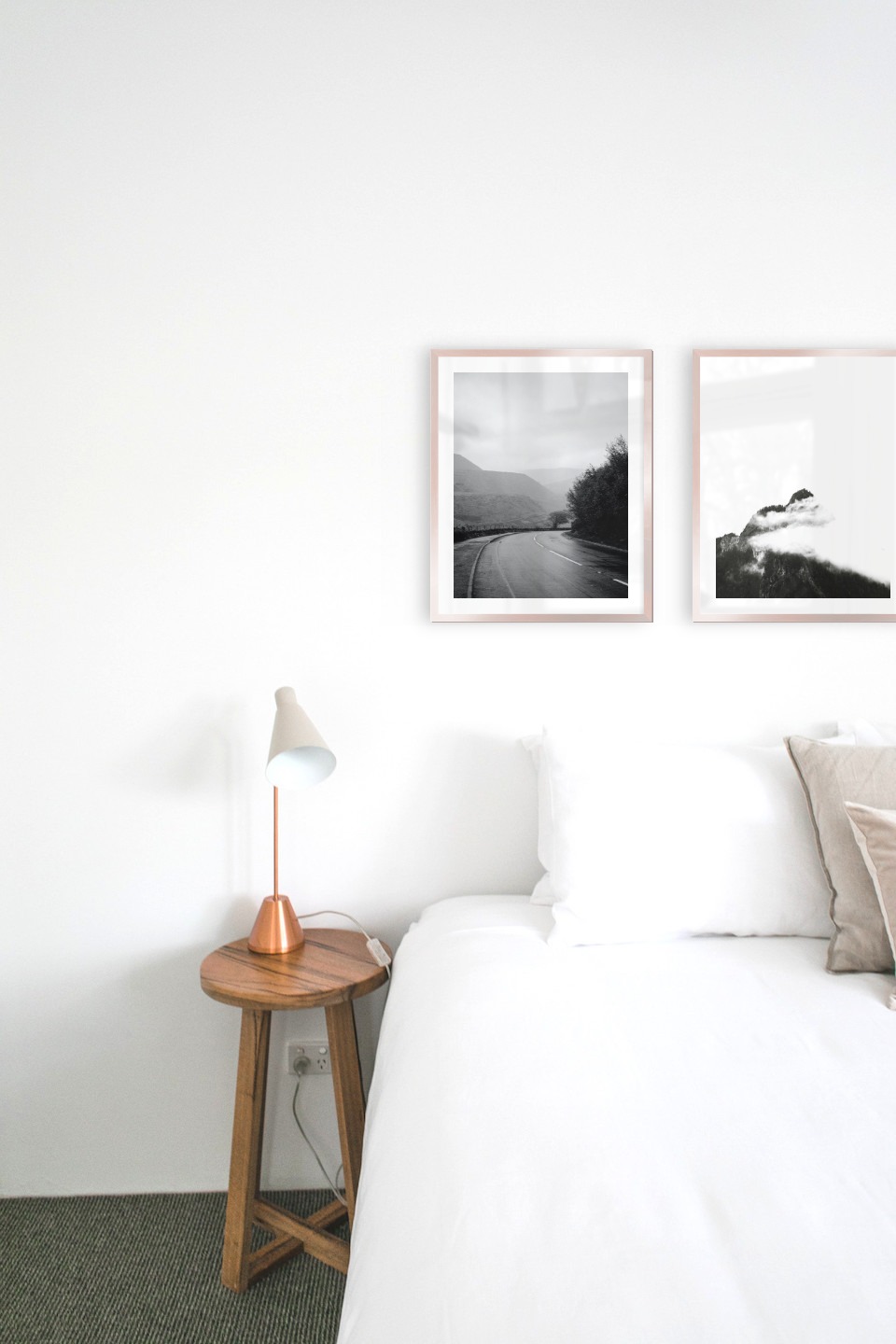Gallery wall with picture frames in copper in sizes 40x50 with prints "Road that turns" and "Mountain peaks in fog"
