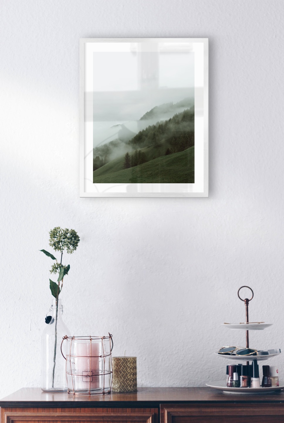Gallery wall with picture frame in silver in size 40x50 with print "Foggy slope"