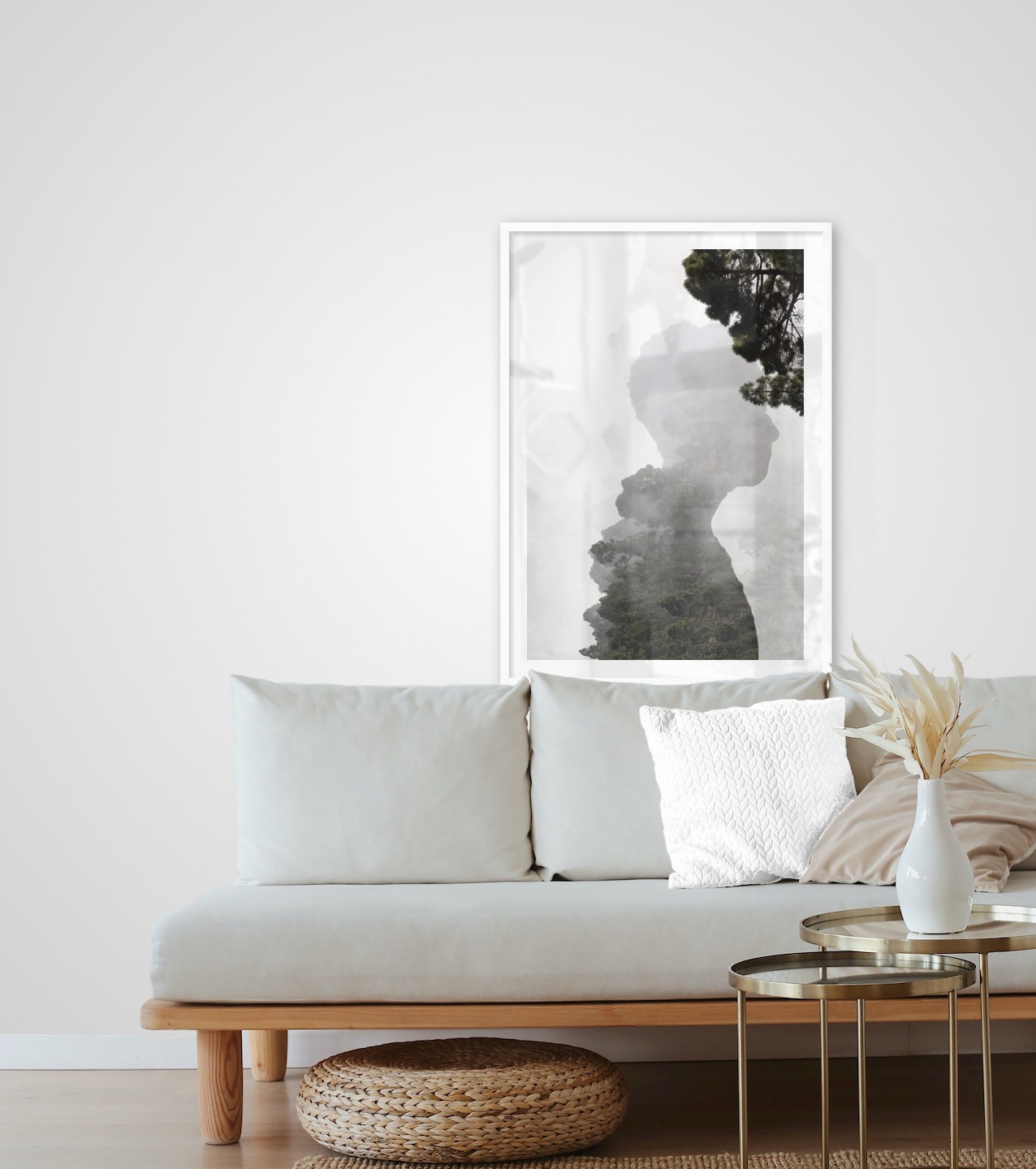 Gallery wall with picture frame in white in size 70x100 with print "Silhouette and tree"