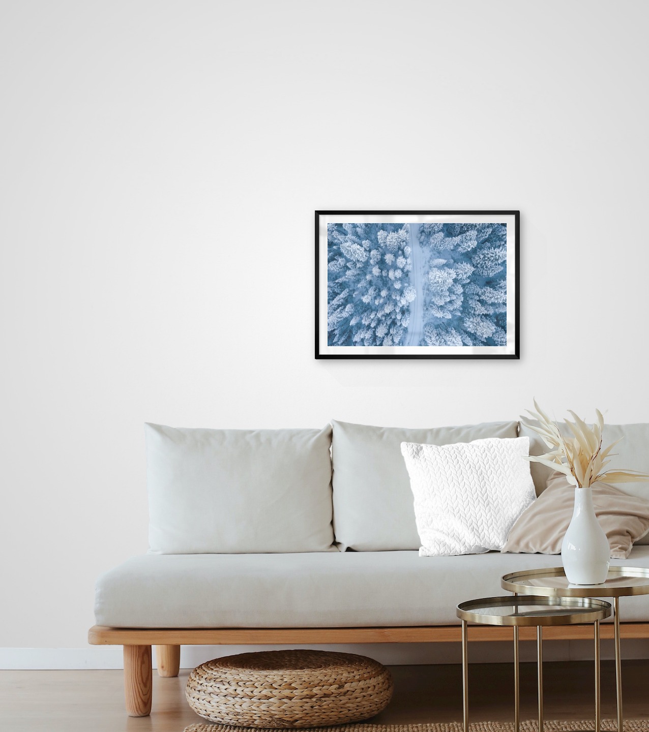 Gallery wall with picture frame in black in size 50x70 with print "Winter road from above"