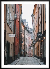 Gallery wall with picture frame in black in size 50x70 with print "Old town in Stockholm"