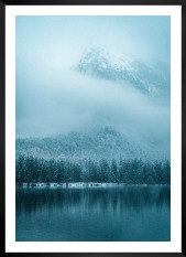 Gallery wall with picture frame in black in size 50x70 with print "Lake, mountains and forest"