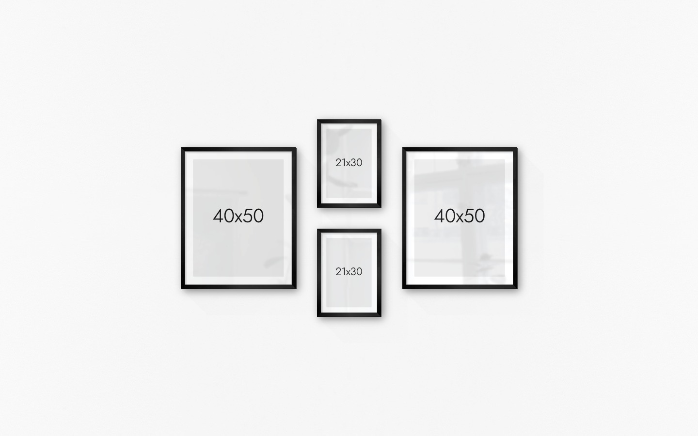 Gallery wall with picture frames in black in sizes 40x50 and 21x30