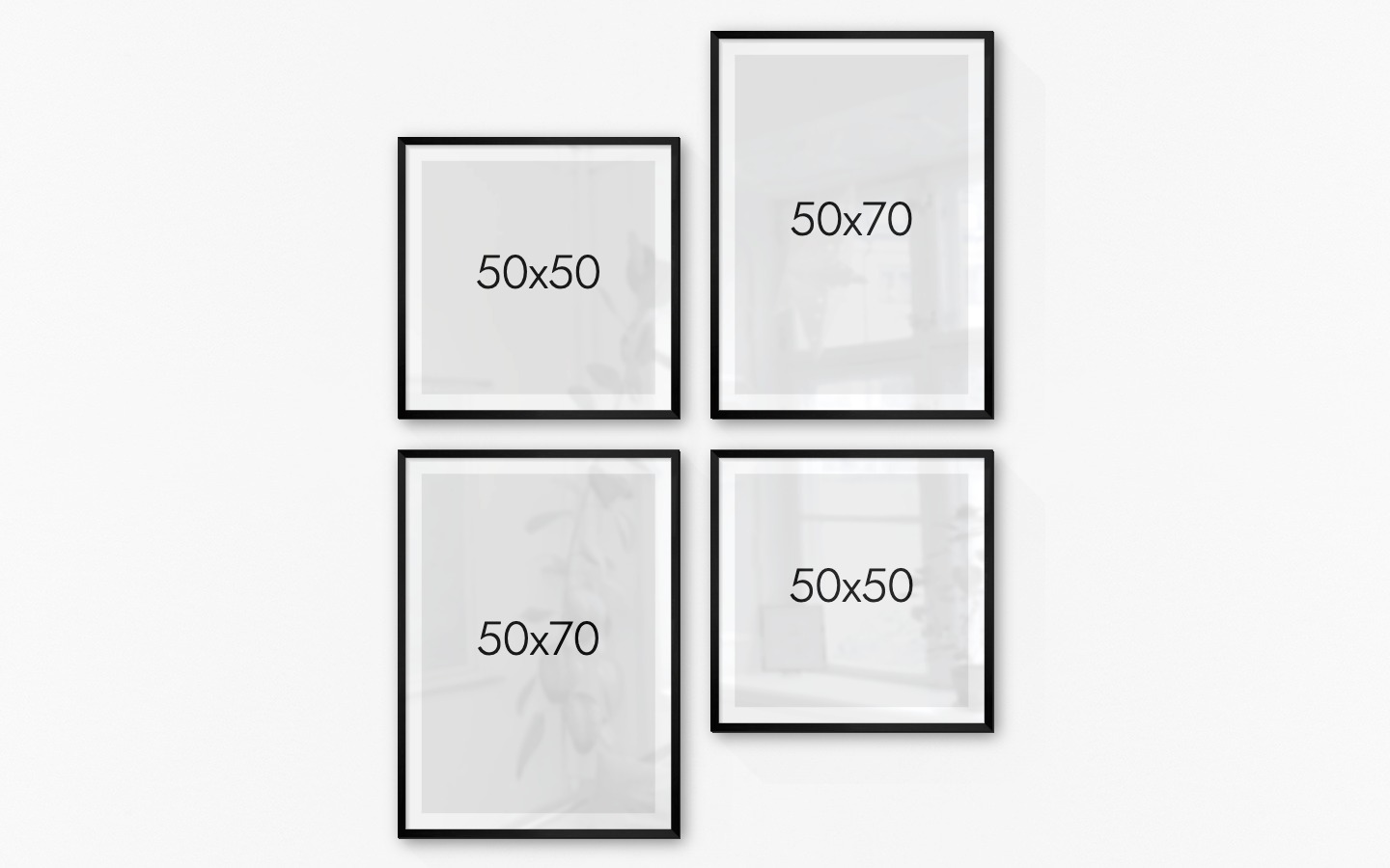 Gallery wall with picture frames in black in sizes 50x50 and 50x70