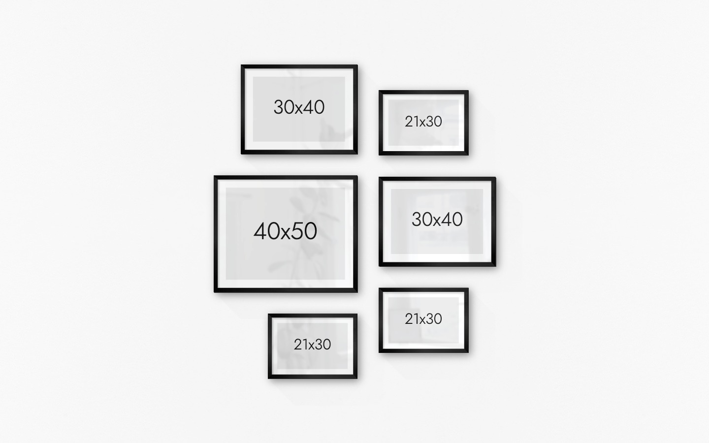 Gallery wall with picture frames in black in sizes 30x40, 40x50 and 21x30