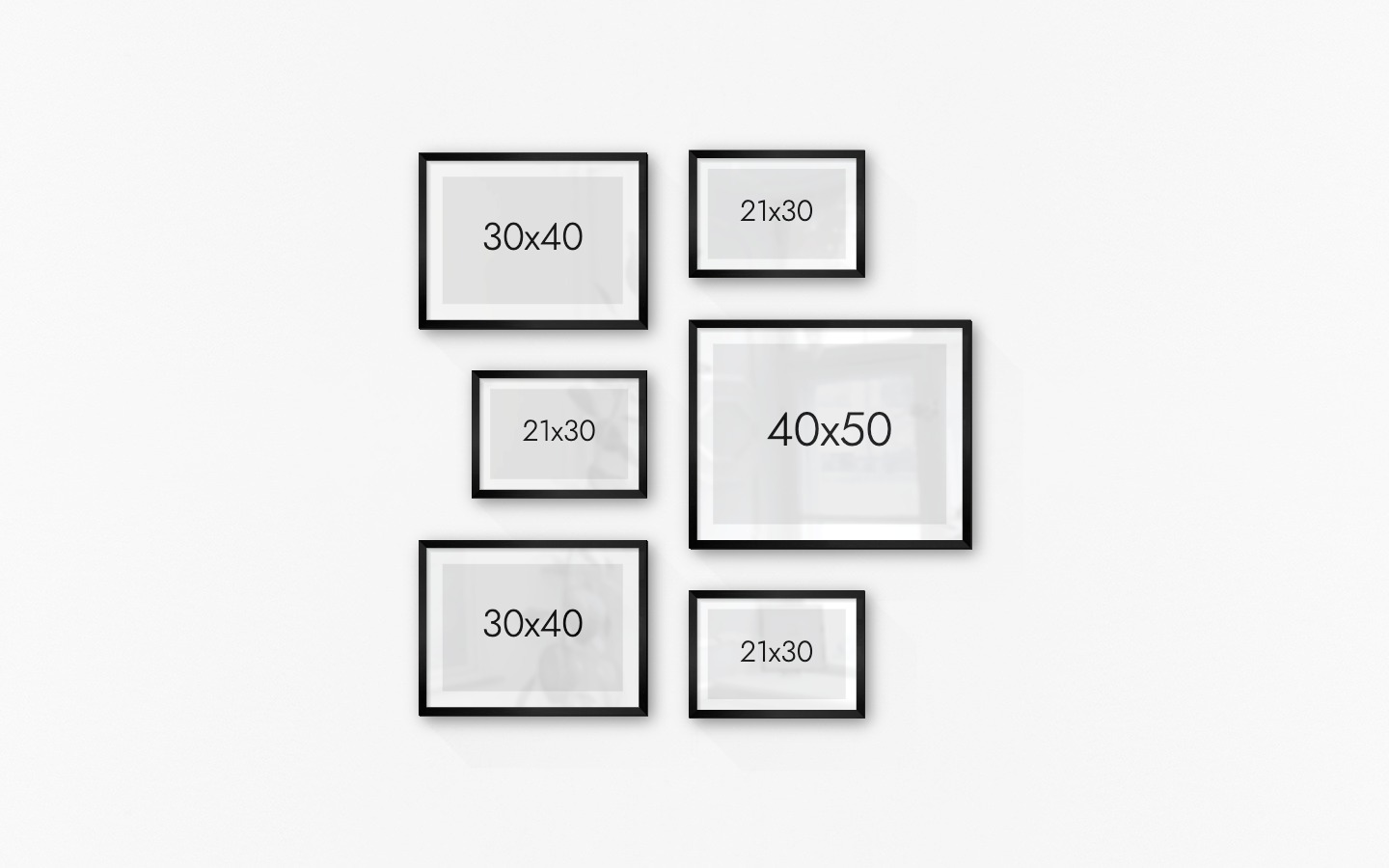 Gallery wall with picture frames in black in sizes 30x40, 21x30 and 40x50