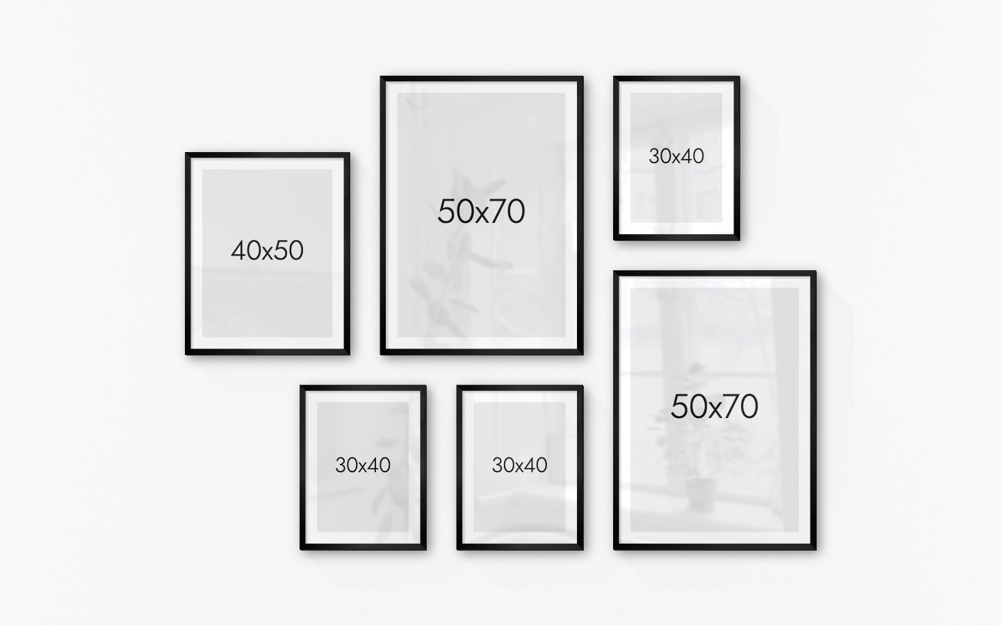 Gallery wall with picture frames in black in sizes 40x50, 50x70 and 30x40